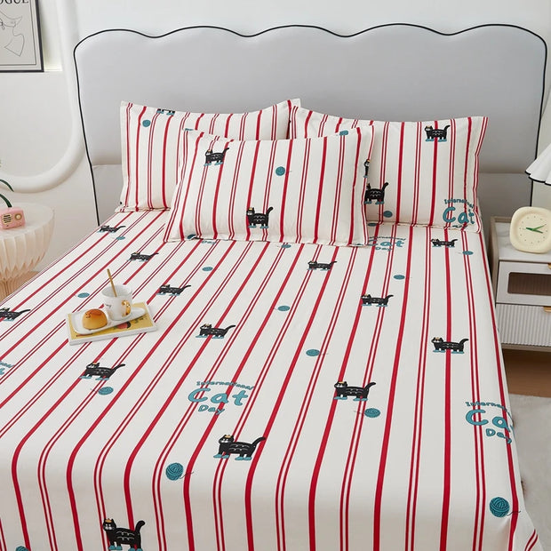 Cartoon Dog Flat Sheet Twin Queen Kawaii Bulldog Puppy Bed Sheet Set 100% Cotton Stripe Paw Print Bed Cover with 2 Pillowcase