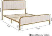 Full Size Bed Frame with Button Tufted Headboard, Upholstered Heavy Duty Metal Mattress Foundation with Wooden Slats