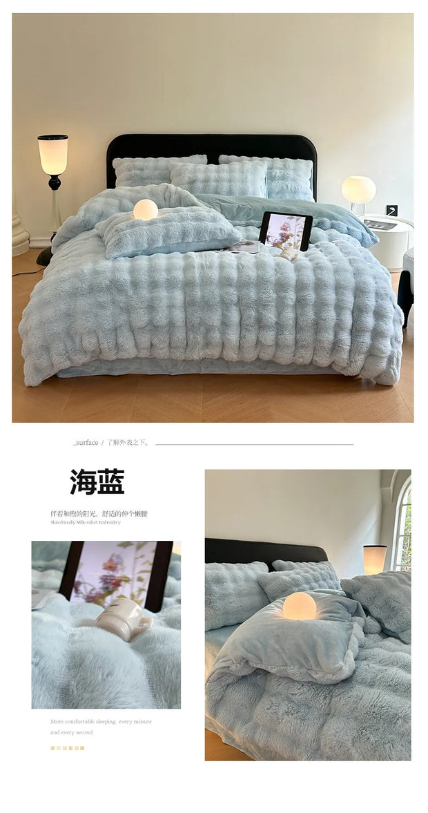 Rabbit Fleece Four-piece Set Milk Fleece Bed Sheet Quilt Cover Winter Thickened Flannel Fleece Double Single Bed Three-piece Set