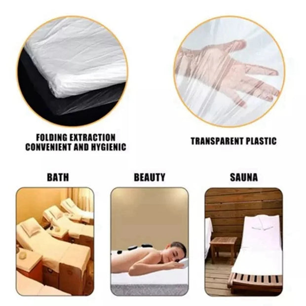 100Pcs Disposable Plastic Couch Cover Bedspread SPA Massage Treatment Table Sheets Transparent Beauty Bed Durable Easy Install