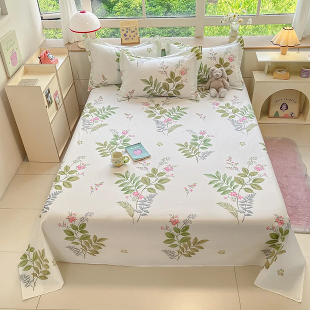 Botanical Floral Flat Sheet Set Kawaii Butterfly Print Bed Sheet with 2 Pillowcase, Cotton Sheets Set Farmhouse Style Bed Cover