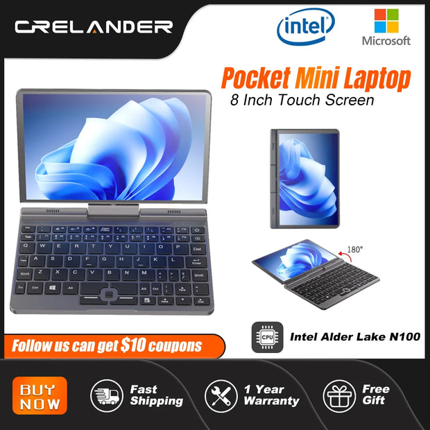 CRELANDER P8 8 Inch Mini Laptop Touchscreen Rotating 360 Degree Intel Alder N100 12GB WiFi6 Notebook Tablet PC Protable Laptops