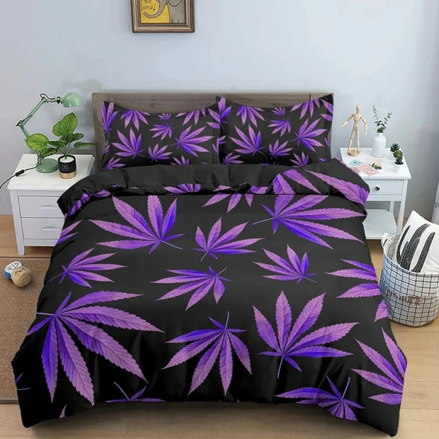 Psychedelic Weed Leaves Bedding set,Marijuana Leaf Duvet Cover,Vibrant Green Colorful Printed Bed Sheet Set