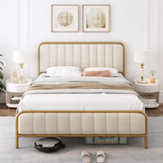 Full Size Bed Frame with Button Tufted Headboard, Upholstered Heavy Duty Metal Mattress Foundation with Wooden Slats