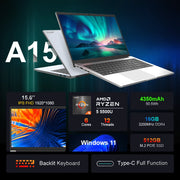 Ninkear Laptop A15 15.6'' FHD IPS AMD Ryzen™ 5 5500U 16GB DDR4 512GB SSD Backlit Keyboard Type-C Charging Windows 11 computer