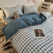 2024 Nieuwe geruite watergewassen katoenen bedset met vierdelige stijl, studentenhuislaken, dekbedovertrek, bedlaken