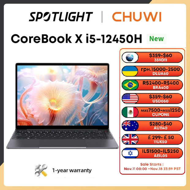 CHUWI Corebook X 2024 Laptop i5-12450H 8Cores 14 inch FHD IPS Screen 16GB RAM 512GB SSD WIFI 6 Windows 11 Gaming NoteBook PC