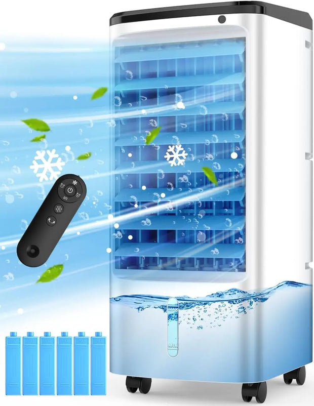 Air Cooler, Swamp Cooler Air Conditioner w/ 12H Timer for Auto-off, 6 Upgraded Ice Packs, 3-Speed Windowless Air Conditioner, Sm