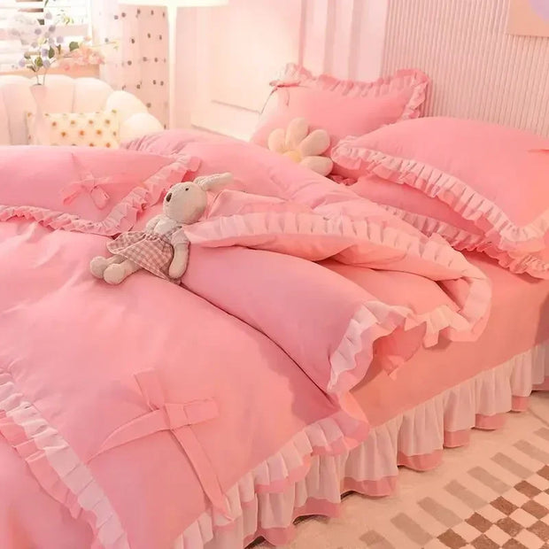 Cute Princess Style Pink Quilt Cover 4-piece Luxury Double Bed Bedding Four-piece Set Duvet Cover Bed Sheet Pillowcase