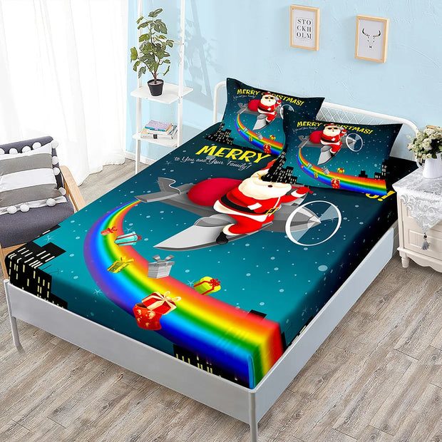 Christmas Fitted Sheet Set Cartoon Santa Claus Mattress Cover With Elastic Twin Full Queen King Size For Kids Boys Bed Linen