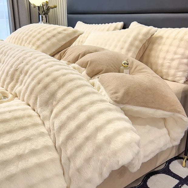 Rabbit Fleece Four-piece Set Milk Fleece Bed Sheet Quilt Cover Winter Thickened Flannel Fleece Double Single Bed Three-piece Set