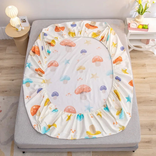 Mushroom Fitted Sheet with 2 Pillowcases Kawaii Star Print Bed Sheet Set Queen for Boys Girls Botanical Deep Pocket Bed Cover