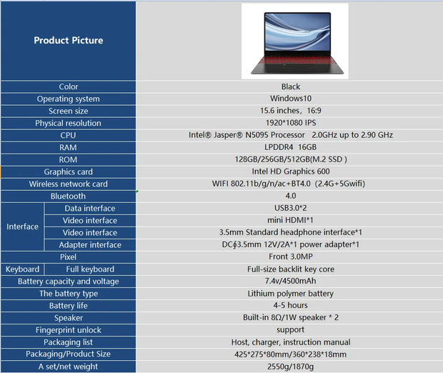 PA156 Laptop Computer 15.6" Intel N5095 Win10 16G 128G/256G/512G Notebook Netbook Verlicht Toetsenbord WIFI HD BT4.0 USB3.0 3.0MP