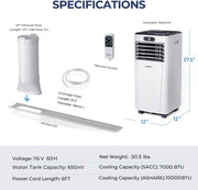 Portable Air Conditioner, 10000BTU Air Cooler with Drying, Fan, Sleep Mode, 2 Speeds, 24H Timer Function, Remote Control