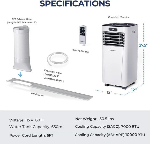 Portable Air Conditioner, 10000BTU Air Cooler with Drying, Fan, Sleep Mode, 2 Speeds, 24H Timer Function, Remote Control