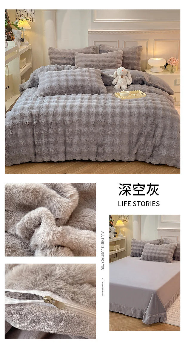 Rabbit Fleece Four-piece Set Milk Fleece Bed Sheet Quilt Cover Winter Thickened Flannel Fleece Double Single Bed Three-piece Set