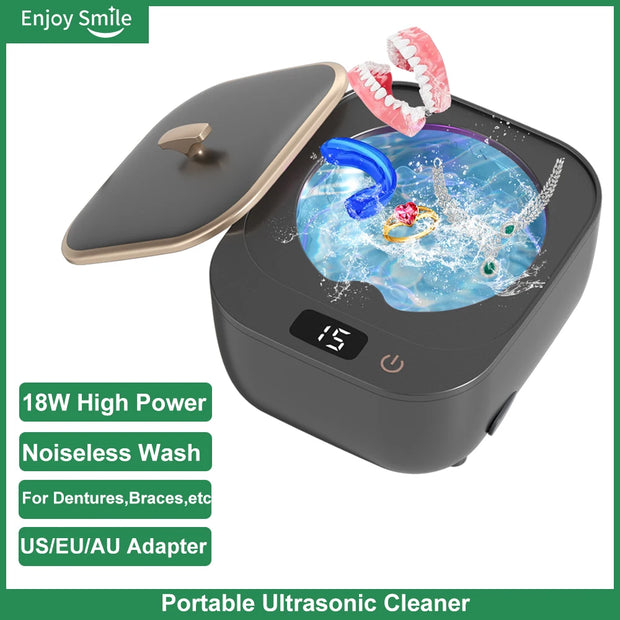 Portable Ultrasonic Cleaner Denture Braces Cleaning 18W High Power 47KHz Ultrasound Washing Noiseless Cleaning Machine for Home