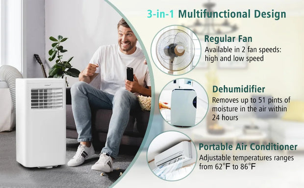 Portable Air Conditioner, 8000 BTU AC Unit with Built-in Dehumidifier, Fan Mode, Sleep Mode, 24H Timer, Remote Control,