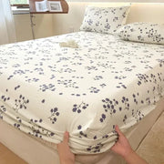 Bed Sheet with Elastic Washed Cotton Blue Flower Printed Fitted Sheet Single/Queen/King Mattress Cover set  for Double Beds