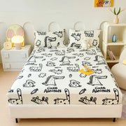 Funny Dachshund Fitted Sheet Set Art Lines Printed Household Anti Slip Mattress Cover Cotton Soft Bedding 3Pcs with Pillowcases