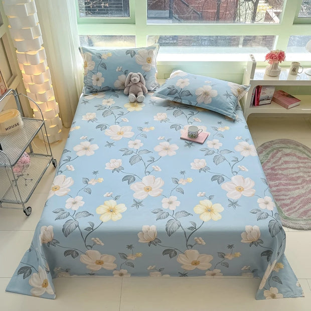 Botanical Floral Flat Sheet Set Kawaii Butterfly Print Bed Sheet with 2 Pillowcase, Cotton Sheets Set Farmhouse Style Bed Cover