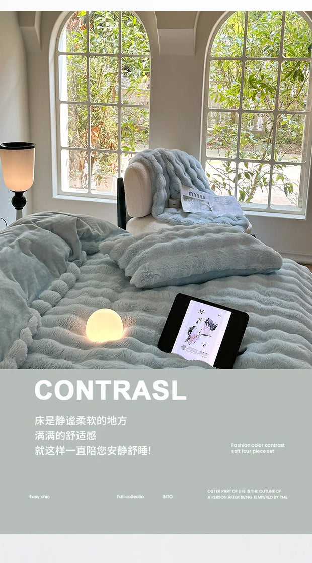 Rabbit Fleece Four-piece Set Milk Fleece Bed Sheet Quilt Cover Winter Thickened Flannel Fleece Double Single Bed Three-piece Set