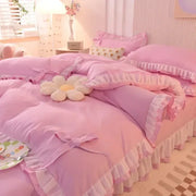 Cute Princess Style Pink Quilt Cover 4-piece Luxury Double Bed Bedding Four-piece Set Duvet Cover Bed Sheet Pillowcase