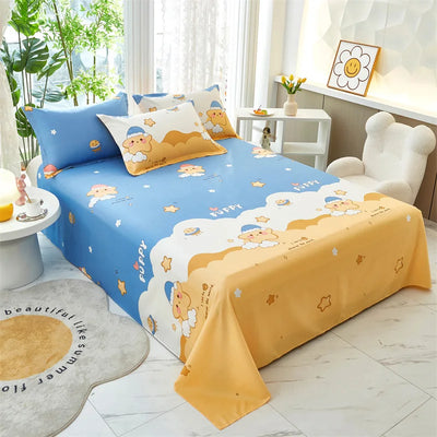 Cartoon Star Flat Sheet Twin Kawaii Yellow Stars Bed Sheet Set For Child Teen Room Decor Soft Cotton Bed Cover with 2 Pillowcase