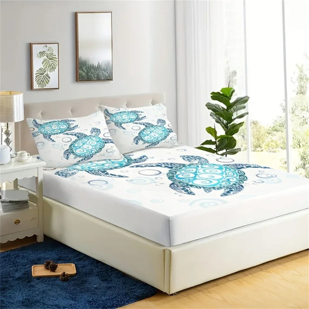 Fashion Style Sea Turtle Print Fitted Sheet Set Mattress Covers Comfortable Breathable Bedding Set With Deep Pocket for Bedroom