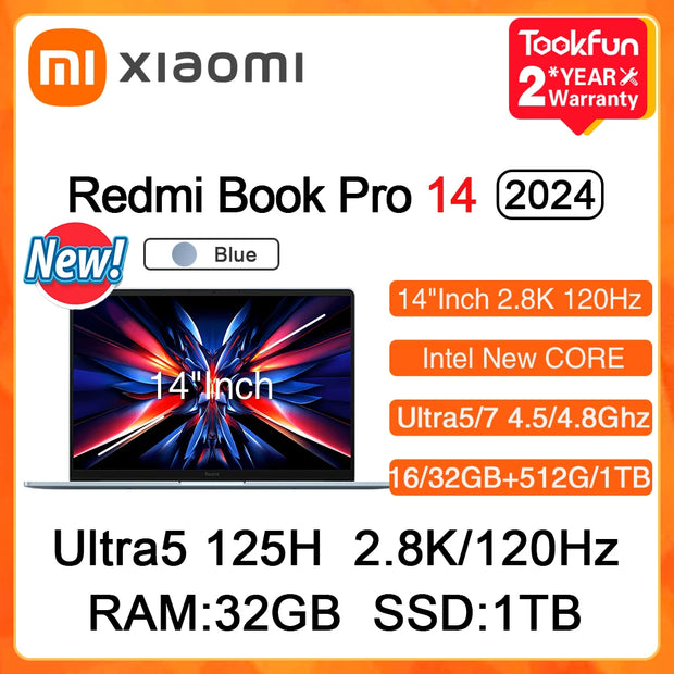 XIAOMI Redmi Book Pro 14 2024 Laptop Intel Ultra5 125H 7 155H RAM 32GB SSD 1TB 14"Inch 2.8K 120Hz Notebook Ultrabook Computer PC