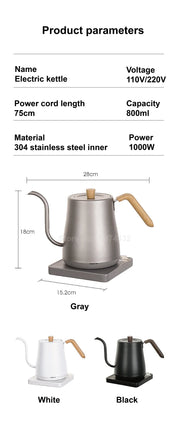 110V/220V Electric Kettle Hand Brew Coffee Pot Slender Mouth Pot Gooseneck Jug Teapot Home 304 Stainless Steel Kettle 1000W