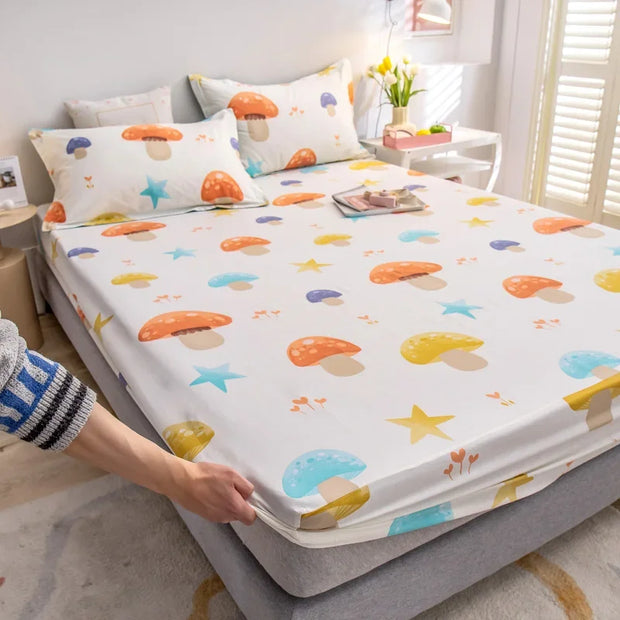 Mushroom Fitted Sheet with 2 Pillowcases Kawaii Star Print Bed Sheet Set Queen for Boys Girls Botanical Deep Pocket Bed Cover