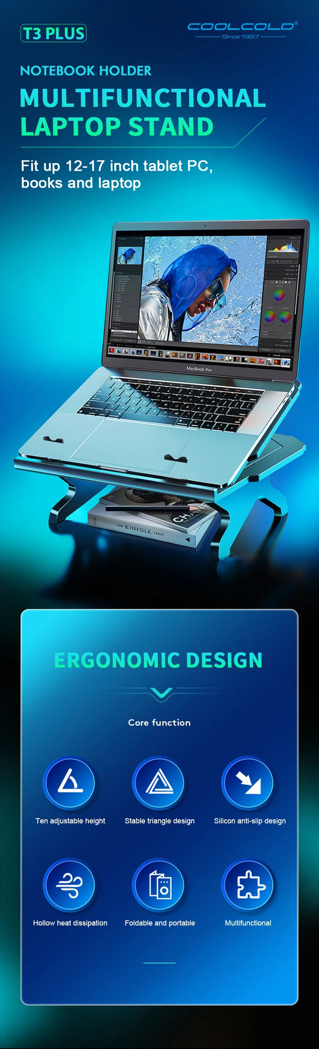 Coolcold laptop stand adjustable height plastic foldable desktop support holder tablet 17 inch adjustable laptop stand