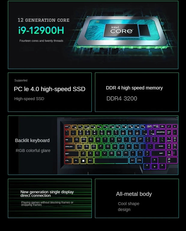 Intel Core i9-12900H Laptop NVIDIA RTX 3060 6G Notebook 16 inch Windows 1114 Cores 20 Threads 64GB DDR4 4TB SSD WiFi5 BT5.2 PC