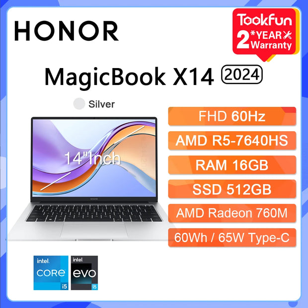 HONOR MagicBook X14 Pro 2024 Laptop Intel Core i5-13500H AMD Ryzen R5 16GB 512GB 1TB 14"Inch FHD Notebook Ultrabook Computer PC