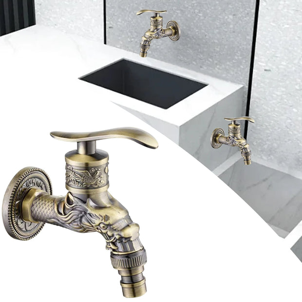 Classic Carved Wall Mount Zinc Alloy Antique Bronze Bibcock Decorative Outdoor Garden Washing Machine Faucet Small Tap