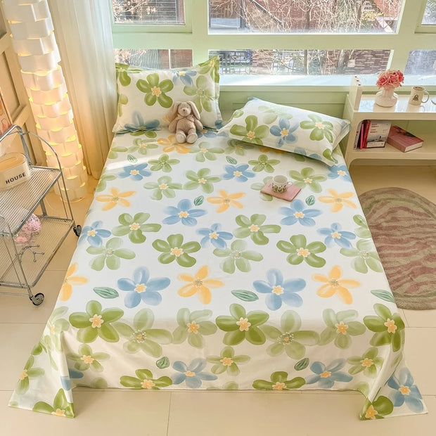 Botanical Floral Flat Sheet Set Kawaii Butterfly Print Bed Sheet with 2 Pillowcase, Cotton Sheets Set Farmhouse Style Bed Cover