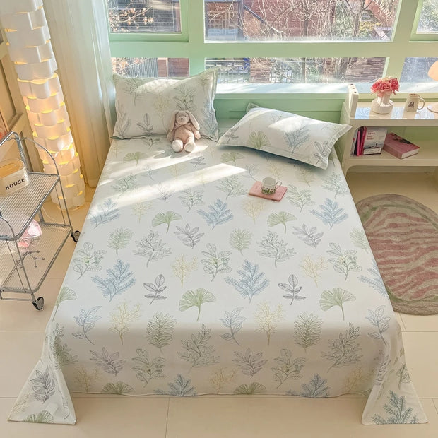 Botanical Floral Flat Sheet Set Kawaii Butterfly Print Bed Sheet with 2 Pillowcase, Cotton Sheets Set Farmhouse Style Bed Cover