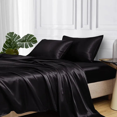 Queen Size Sheets Set, 4 Pcs Silky Bedding Set with 15 Inches Deep Pocket for Mattress (Black)