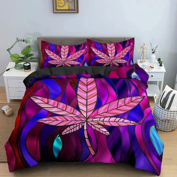 Psychedelic Weed Leaves Bedding set,Marijuana Leaf Duvet Cover,Vibrant Green Colorful Printed Bed Sheet Set