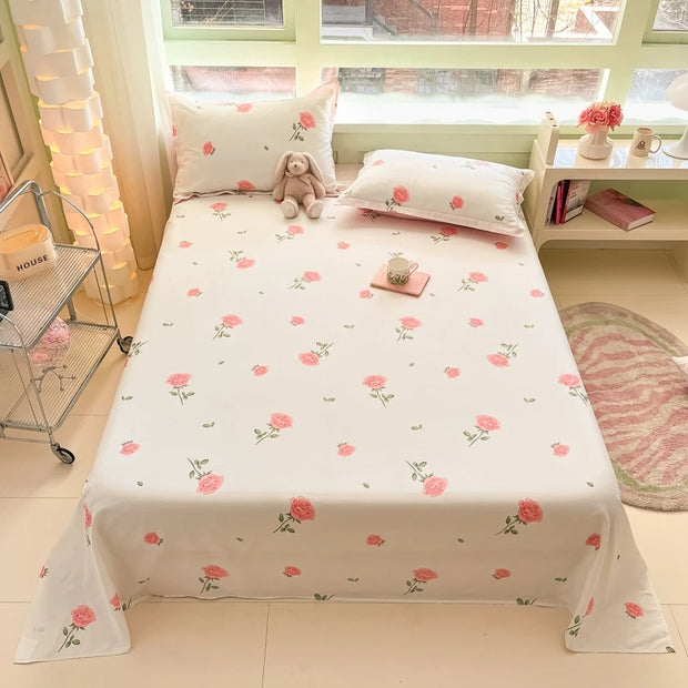 Botanical Floral Flat Sheet Set Kawaii Butterfly Print Bed Sheet with 2 Pillowcase, Cotton Sheets Set Farmhouse Style Bed Cover