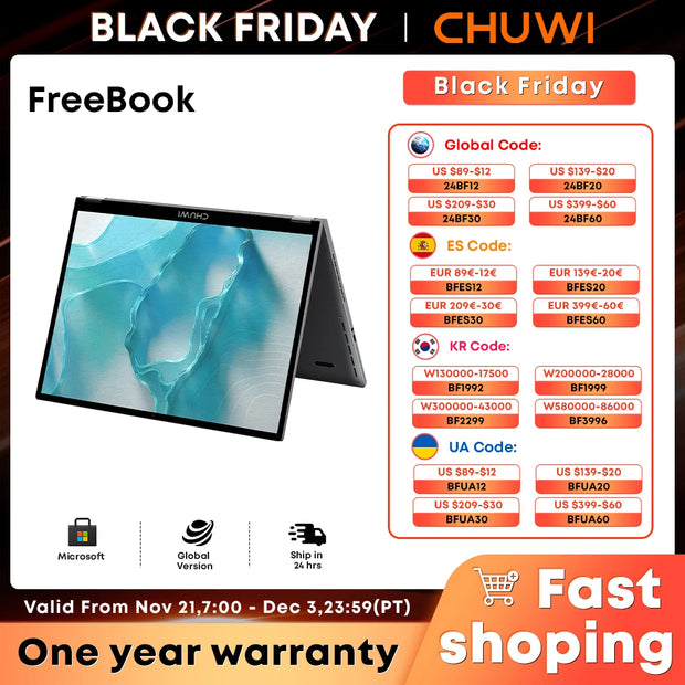 CHUWI FreeBook 2-in-1 laptop-tablet, 512 GB SSD 12 GB LPDDR5, Intel N100/i3 1215U 13,5" IPS FHD-scherm WIFI 6, Windows 11-laptops