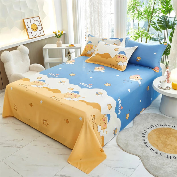 Cartoon Star Flat Sheet Twin Kawaii Yellow Stars Bed Sheet Set For Child Teen Room Decor Soft Cotton Bed Cover with 2 Pillowcase