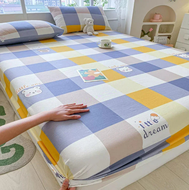 100% Cotton Elastic Bed Sheets Sets Plaid Print Fitted Sheet + 2pc Pillowcases Twin Full Queen King Cal-King Size Bed Cover B99G