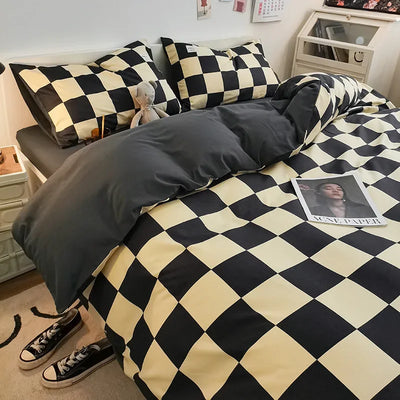 2024 New Checkered Water Washed Cotton Bed Set with Four Piece Style, Student Dormitory Bed Sheet, Quilt Cover, Bed Sheet