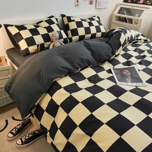 2024 Nieuwe geruite watergewassen katoenen bedset met vierdelige stijl, studentenhuislaken, dekbedovertrek, bedlaken