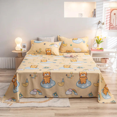 Cotton Cute Tiger Bed Sheet Set Cartoon Flat Sheet with 2 Pillow Sham Twin Soft Comfortable Kawaii Rainbow Star Print Bed Cover