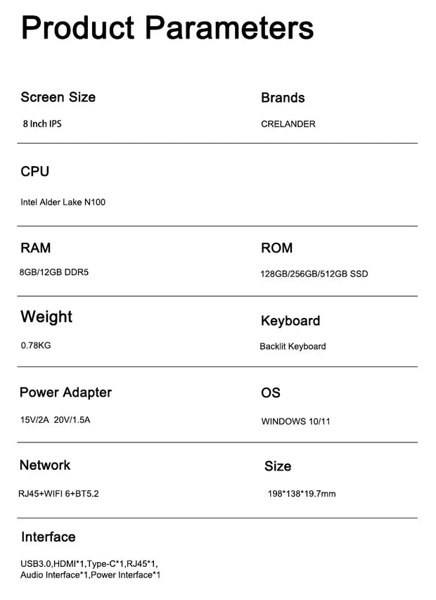 CRELANDER P8 8 Inch Mini Laptop Touchscreen Rotating 360 Degree Intel Alder N100 12GB WiFi6 Notebook Tablet PC Protable Laptops