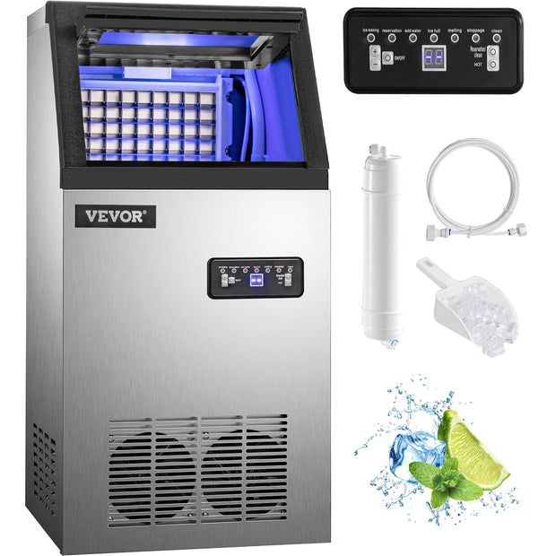 VEVOR Commercial Cube Ice Maker with Water Drain Pump 40/50/60/70 KG/24H Freestanding Auto Clean Liquid Freezer Home Appliance