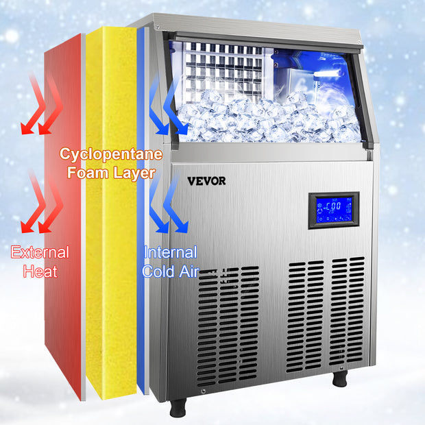 VEVOR Commercial Cube Ice Maker with Water Drain Pump 40/50/60/70 KG/24H Freestanding Auto Clean Liquid Freezer Home Appliance